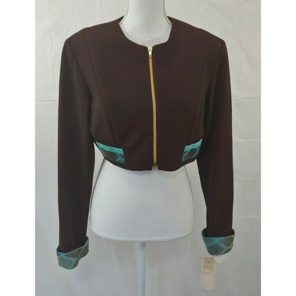 Vtg Linda Segal Jacket 12 Brown Blue Cropped Full Zip Shoulder Pads Large - Picture 2 of 10